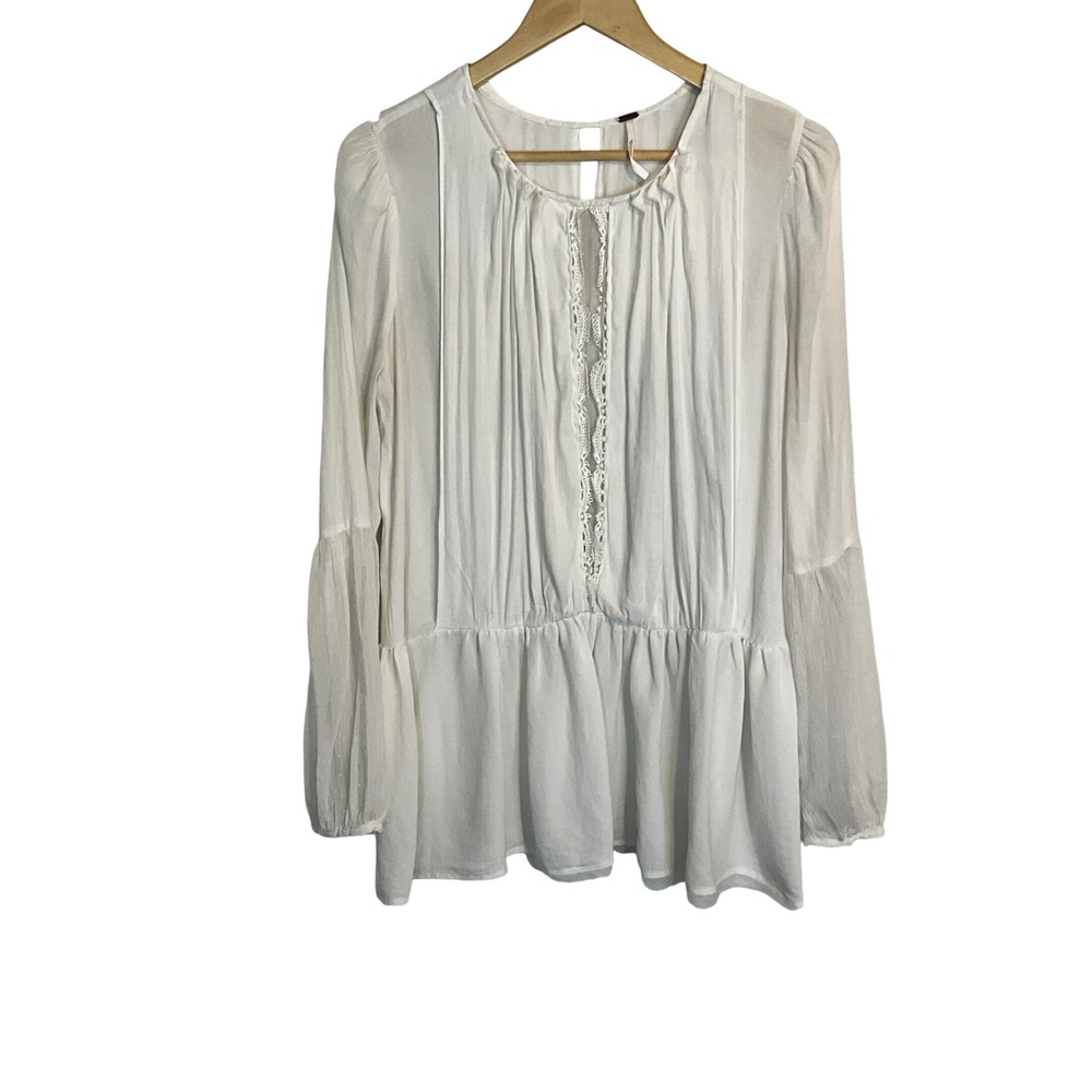 FREE PEOPLE White Peasant Tunic Blouse Bell Sleeve Lace Open Back Fairycore Boho